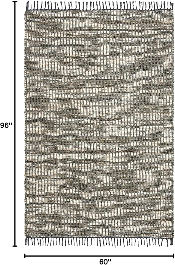 SAFAVIEH Vintage Leather Collection Area Rug - 5' x 8', Grey, Handmade Boho Fringe Leather & Jute, Ideal for High Traffic Areas in Living Room, Bedroom (VTL203F)