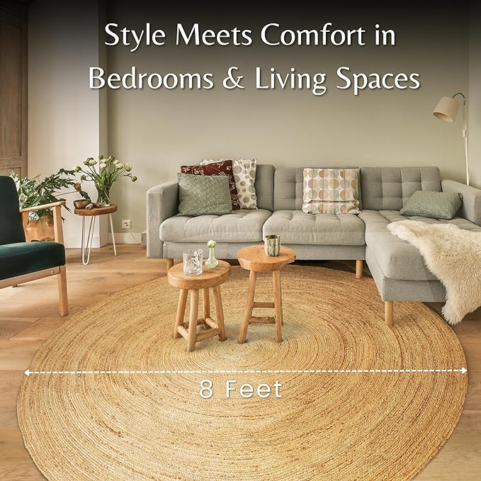 Ramanta Home Jute Braided Rug 8 Ft Round – Large Natural Farmhouse Area Rug, Handwoven Reversible Carpet for Living & Dinning Room, Bedroom, Kitchen, Nursery, Entryway – Boho Coastal Neutral Floor Mat