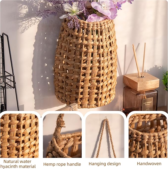 Woven Water Hyacinth Hanging Basket Door Hanging Basket Wall for Home Garden Farmhouse (Water Hyacinth)