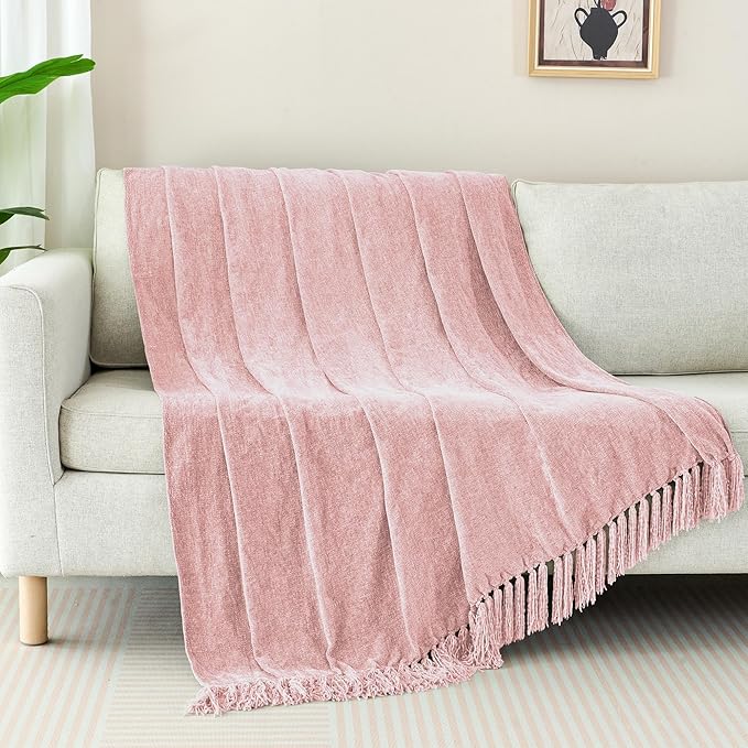 Chenille Throw Blanket for Couch with Tassels,60"X80" Soft Cozy Lightweight Knitted Boho Decorative Blankets for Bed and Sofa,Pink