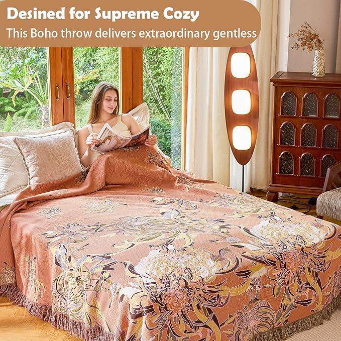 King Boho Throw Blanket 91" x 98", 100% Organic Cotton Breathable Skin-Friendly Ultra Soft Bed Quilt Throw - Floral Rustic Decor Luxury Reversible Blanket for Sofa Couch Chair and Gift
