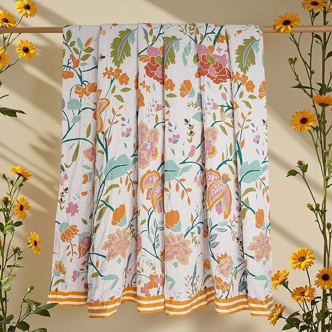 Boho Throw Blanket, 100% Organic Cotton Breathable Ultra Soft 91" x 108" King Bed Quilt Throw - All Season Floral Rustic Farmhouse Decor Luxury Blanket for Sofa Couch Chair and Gift