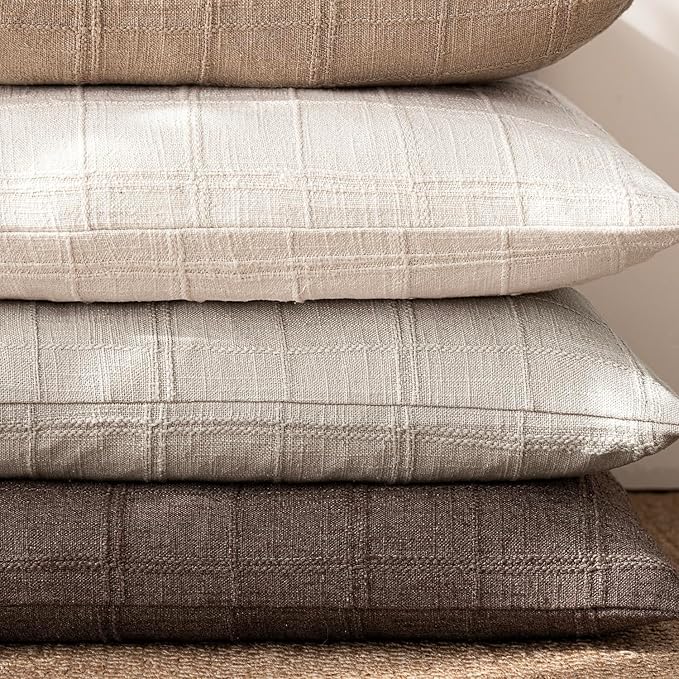 Foindtower Set of 2 Decorative Linen Check Throw Pillow Covers Neutral Farmhouse Vintage Cushion Covers Modern Coastal Boho Home Decor for Sofa Chair Couch Bedroom Living Room,22×22 Inch,Light Grey