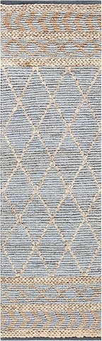 SAFAVIEH Natural Fiber Collection Runner Rug - 2'3" x 8', Natural & Blue, Handmade Boho Moroccan Trellis Jute, Ideal for High Traffic Areas in Living Room, Bedroom (NF955N)