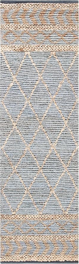 SAFAVIEH Natural Fiber Collection Runner Rug - 2'3" x 8', Natural & Blue, Handmade Boho Moroccan Trellis Jute, Ideal for High Traffic Areas in Living Room, Bedroom (NF955N)