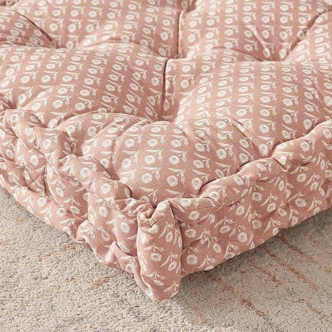 Peri Home Floor Pillow for Adults, Square, Oversized, 100% Cotton Large Floor Cushion Seating, Block Floral Printed and Tufted, 24x24, Pink