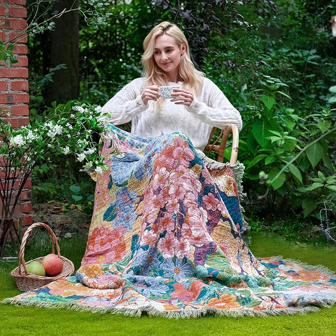 Boho Throw Blanket for Bed Cotton Spring Blankets for Bedroom Living Room All Season Lightweight Floral Embroidery Reversible Twin Quilt for Couch Sofa Chair 60"x80" Home Decor