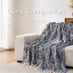 DOWN HOME Chenille Cotton Throw Blanket for Couch, Lightweight Boho Blanket for Bed Sofa Chair Living Room Outdoor Soft Woven Decorative Blanket with Tassel Gift Navy Leaves 50"x70"