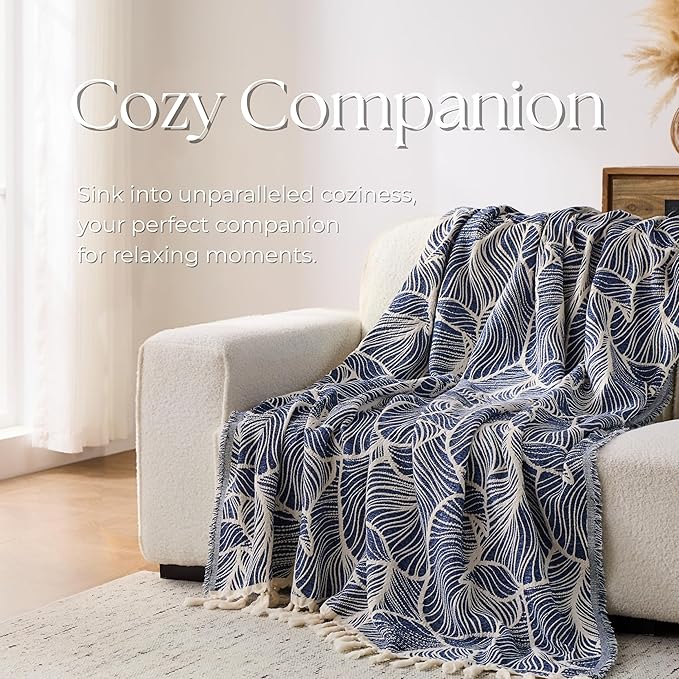 DOWN HOME Chenille Cotton Throw Blanket for Couch, Lightweight Boho Blanket for Bed Sofa Chair Living Room Outdoor Soft Woven Decorative Blanket with Tassel Gift Navy Leaves 55"x60"