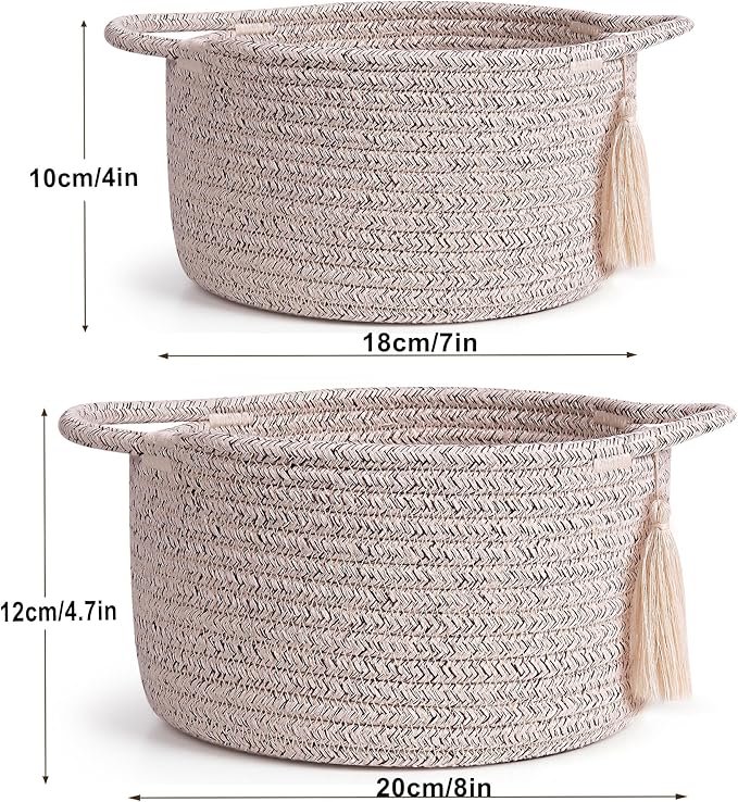 Small Gift Basket Empty Set of 2 - Little Cute Woven Rope Organizer Bins for Baby Shower Gifting, Makeup, Bathroom, Desk, Decorative Vanity - Pre-Shaped, Brown
