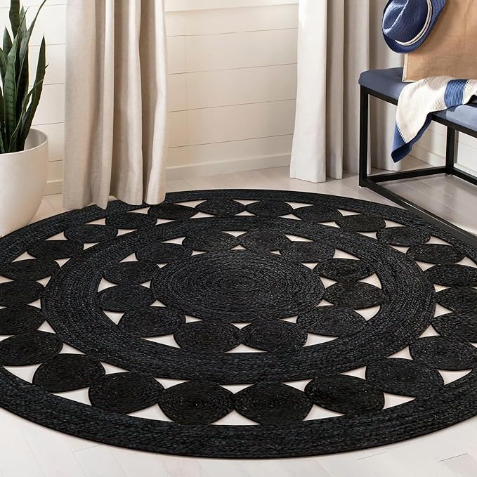 Hand Woven Braided Jute Rug - 5' Round - Black Reversible Farmhouse Rugs for Living Room, Bedroom, Dining Room, Kitchen - Natural Decorative Floor Boho Entry Area Rugs - Jute Round Rug 5ft