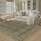 6x9 Area Rug for Living Room Green Brown Vintage Washable Bedroom Carpet Traditional Distressed Soft Non Slip Indoor Large Accent Rug Retro Thin Low Pile Floor Cover for Dining Room Playroom