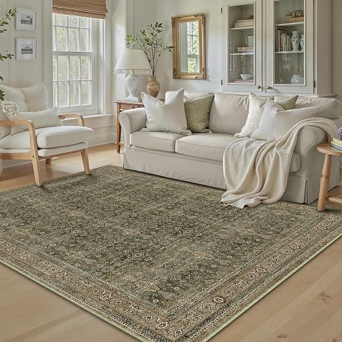 6x9 Area Rug for Living Room Green Brown Vintage Washable Bedroom Carpet Traditional Distressed Soft Non Slip Indoor Large Accent Rug Retro Thin Low Pile Floor Cover for Dining Room Playroom