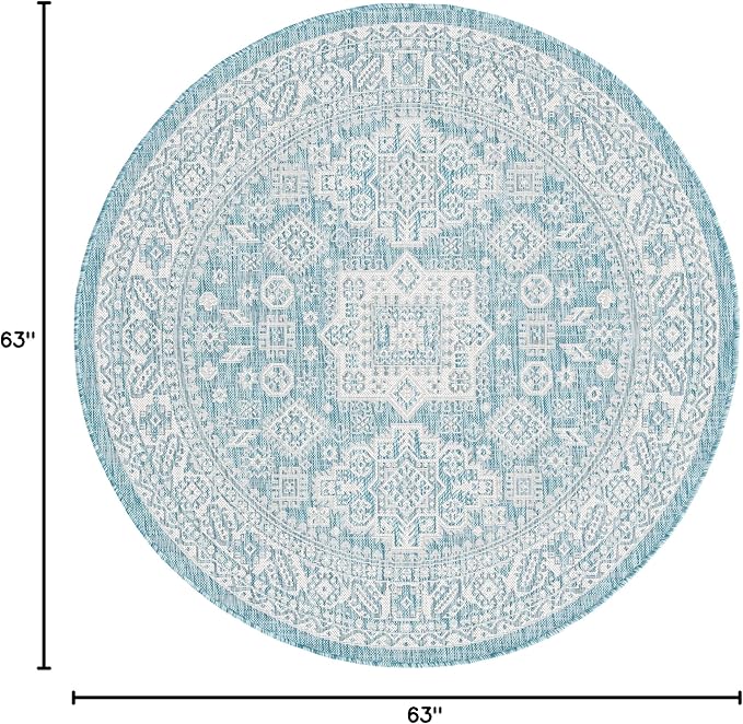 Rugs.com Outdoor Aztec Collection Rug – 5 Ft Round Aqua Flatweave Rug Perfect for Kitchens, Dining Rooms