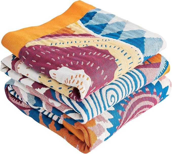 Boho Throw Blanket for Bed-100% Cotton Soft Breathable Farmhouse Decor Boho Quilt for Sofa (Colorful Sun, 60"x80")