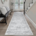 Washable Runner Rug, 2'6" x 8' Non-Slip Kitchen Vintage Foldable Hallway Runners for Entryway, Laundry, Bedroom, Grey