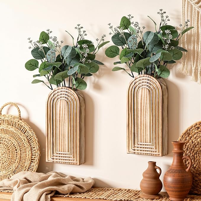 DREAMLOOM 2 Pack Wooden Wall Vases with Fake Plants, Wall Hanging Planters Boho Modern Farmhouse Indoor for Narrow Spaces Entryway Bathroom Home Office Decoration, White
