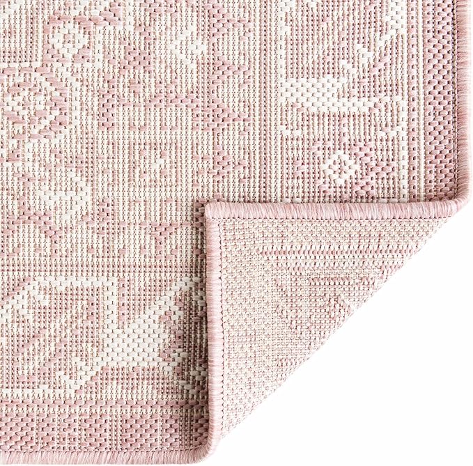 Rugs.com Outdoor Aztec Collection Rug – 4' x 6' Pink Flatweave Rug Perfect for Living Rooms, Large Dining Rooms, Open Floorplans