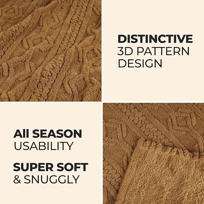 Superior Fleece Boho Jacquard Blanket, Decorative Blankets for Bedroom, Sofa, Fuzzy, Plush, Fluffy, Soft, Cute Room Decor, Beautiful Cover, Comfort Essentials, Arctic Collection, King, Camel