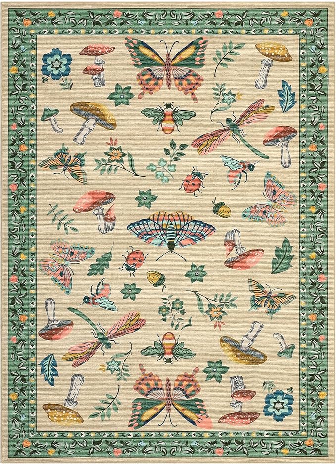 Mushroom 9x12 Rug for Living Room Non Slip Washable 9 X 12 Rug for Bedroom with Rubber Back Soft Low-Pile Stain Resistant Foldable Large Carpet for Nursery Dining Room Khaki Green