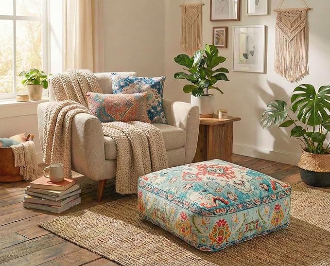 Large Floor Pillow Cover Square Meditatioמ Square Cushion Case Boho Room Décor Moroccan Seating Area Pouf Perfect for Living Room, Bedroom, Nursary or Children Room Cotton 24x8 Unstuffed