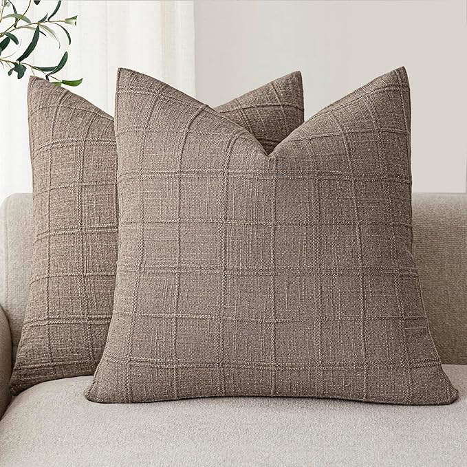 Foindtower Set of 2 Decorative Linen Check Throw Pillow Covers Neutral Farmhouse Vintage Cushion Covers Modern Boho Home Decor for Sofa Chair Couch Bedroom Living Room,24×24 Inch,Tan Taupe