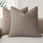 Foindtower Set of 2 Decorative Linen Check Throw Pillow Covers Neutral Farmhouse Vintage Cushion Covers Modern Boho Home Decor for Sofa Chair Couch Bedroom Living Room,16×16 Inch,Tan Taupe