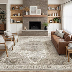 8x10 Area Rugs for Living Room, Vintage Washable Rug with Non-Slip Backing, Stain Resistant Large Area Rug for Dining Room, Soft Rugs for Bedroom (White/Brown, 8'x10')