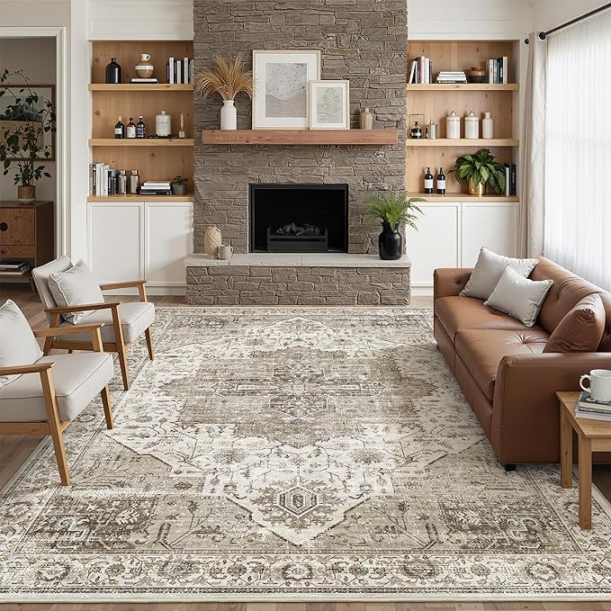 8x10 Area Rugs for Living Room, Vintage Washable Rug with Non-Slip Backing, Stain Resistant Large Area Rug for Dining Room, Soft Rugs for Bedroom (White/Brown, 8'x10')