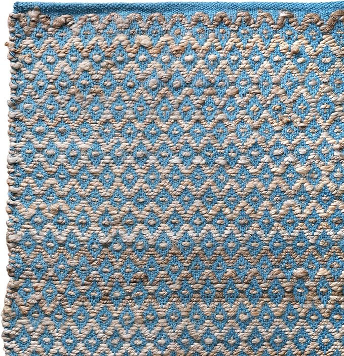 Jute Cotton Diamond Woven Rag Rug 2x3 Feet - Teal Natural, Reversible Small Soft Floor Décor Area Rugs Ideal for Entryway, Kitchen, Laundry Room | Boho Farmhouse Accent Sturdy Door Mat for Bedroom