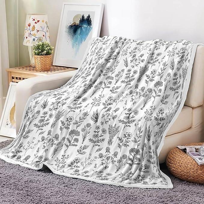 Floral Fuzzy Blanket Black Floral Throw Blanket, Botanical Flowers Blankets, Soft, Flannel, Warm, Boho Flowers Bed Blankets All Season for Couch Bedroom Living Room 60X90 Inch