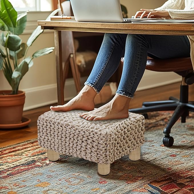 COTTON CRAFT Tweed Braided Footrest - Handknitted Dori Foot Stool with Sturdy Wood Legs – Boho Leg Rest - Small Spaces Under Desk Living Room Entryway Low Footstool Pouf -16.5x12x9.5- Ivory Natural