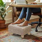 COTTON CRAFT Tweed Braided Footrest - Handknitted Dori Foot Stool with Sturdy Wood Legs – Boho Leg Rest - Small Spaces Under Desk Living Room Entryway Low Footstool Pouf -16.5x12x9.5- Ivory Natural