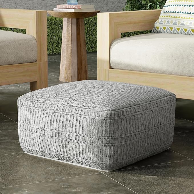 SIMPLIHOME Safford Square Pouf - 20 inch Wide Upholstered PET Polyester Ottoman in Grey and White, Boho Indoor/Outdoor Footstool or Extra Seating for Living Room or Bedroom, Assembled