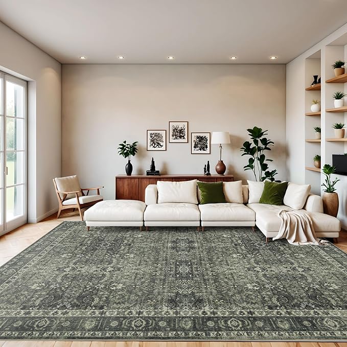8x10 Vintage Washable Area Rug for Living Room,Low Pile Non Slip Carpet Non-Shedding Large Area Rug Soft Indoor Stain Resistant Rug Floral Print Mat for Bedroom Dining Room Green Floral