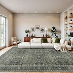 8x10 Vintage Washable Area Rug for Living Room,Low Pile Non Slip Carpet Non-Shedding Large Area Rug Soft Indoor Stain Resistant Rug Floral Print Mat for Bedroom Dining Room Green Floral