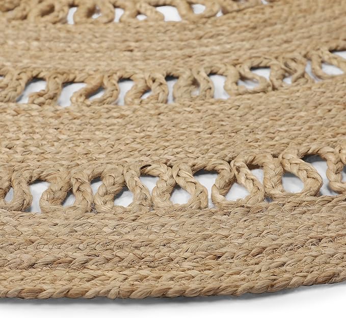 · REDEARTH · Round Area Rug - 6 Feet Braided Scalloped Earthy Trails Jute Rug- Artisan Made Boho Jute Patterned Rugs for Bedroom, Kitchen, Living Room, Farmhouse, Aesthetic, Handmade Vintage Décor
