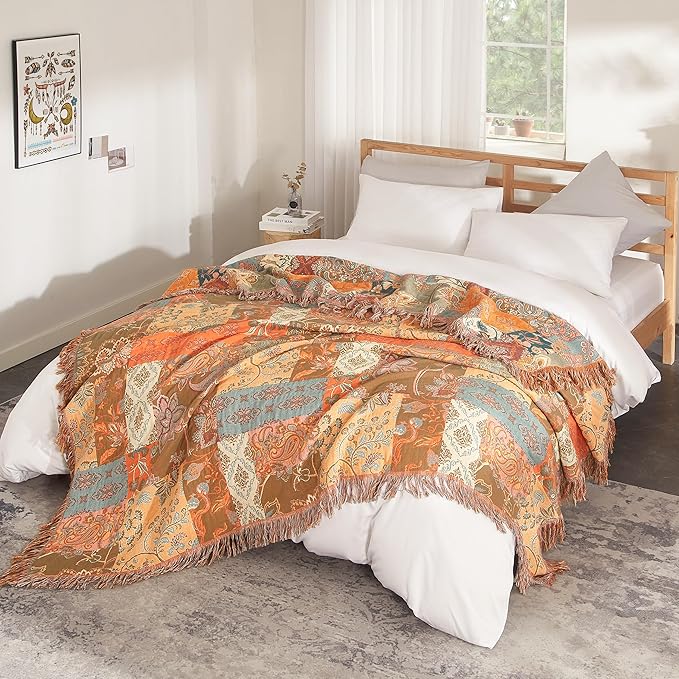 Boho Throw Blanket for Bed 90”x108”, 100% Cotton Woven Blanket for Couch Sofa, Ultra Soft 4-Layer Muslin Quilt with Patchwork Floral Printed, Farmhouse Bed Blanket/Cover for Living Room Decor