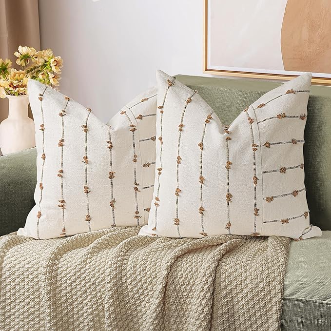 AELS 18x18 Decorative Boho Linen Throw Pillow Covers, Modern Farmhouse Textured Pillow Case, Set of 2, Tufted Stitch Stripe Cushion Cover for Bed Sofa Couch Living Room (Cover ONLY), Brown