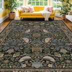 Botanical 10x14 Area Rug for Living Room, Extra Large Bedroom - Washable Rug for Dining Room Under Table Stain Resistant, Brown Green Boho Bird Vintage, Soft Floor Carpet Low Pile