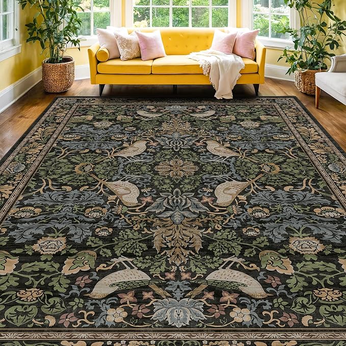 Botanical 10x14 Area Rug for Living Room, Extra Large Bedroom - Washable Rug for Dining Room Under Table Stain Resistant, Brown Green Boho Bird Vintage, Soft Floor Carpet Low Pile