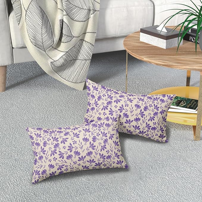 Purple Floral Pillow Covers 12x20 Set of 2 Vintage Rustic Old Style Cute Small Flower Cream Print Rectangle Decorative Outdoor Pillowcases Fall Farmhouse Throw Cushion Case Couch Sofa Bed Decor