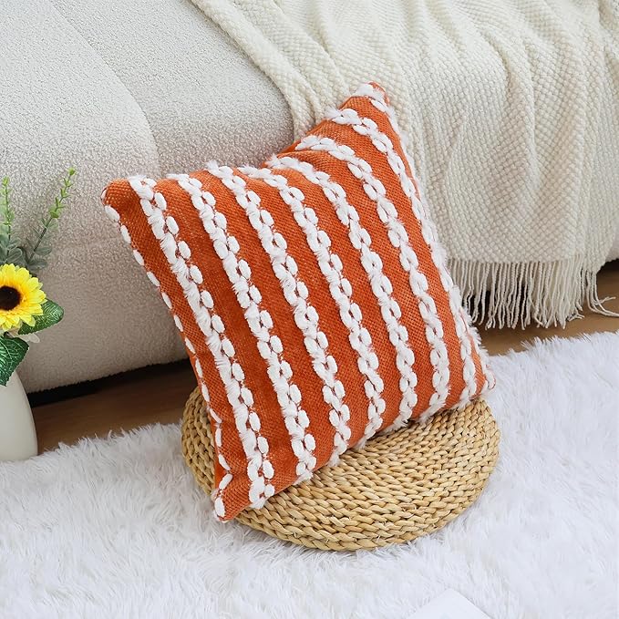 18x18 Boho Pillow Cover-Chenille Tufted Decorative Throw Pillow Cover Soft Velvet Backing, Farmhouse Striped Square Pillow Case for Sofa, Couch, Bedroom, Living Room, Orange-White Stripe