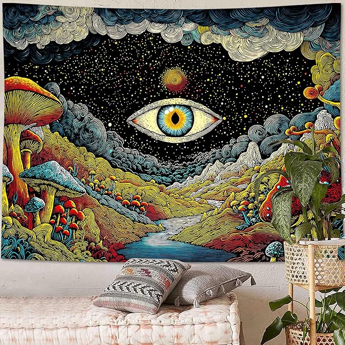 Yeoiat Tapestry Mystical Mushroom Tapestries Cosmic Valley Gaze Wall Hanging Bohemian Fantasy Bedroom Dormitory Decoration 80"x60"