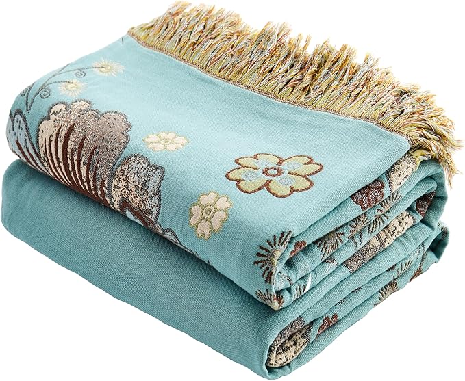Boho Throw Blanket 60" x 80", 100% Organic Cotton Breathable Skin-Friendly Ultra Soft Bed Quilt Blue Throw - Floral Rustic Decor Luxury Reversible Blanket for Sofa Couch Chair and Gift,