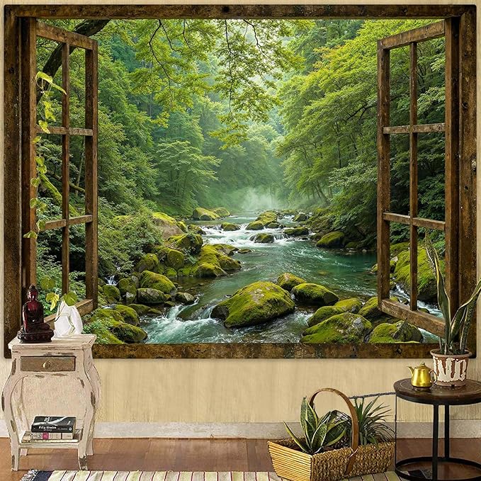 Accnicc Window Forest Tapestry Green Nature Jungle Wall Tapestry for Bedroom Aesthetic Rainforest Stream Outdoor Landscape Small Tapestries Wall Hanging for Dorm Living Room Decor 48 x 36 Inch
