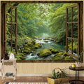 Accnicc Window Forest Tapestry Green Nature Jungle Wall Tapestry for Bedroom Aesthetic Rainforest Stream Outdoor Landscape Small Tapestries Wall Hanging for Dorm Living Room Decor 60 x 44 Inch