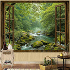 Accnicc Window Forest Tapestry Green Nature Jungle Wall Tapestry for Bedroom Aesthetic Rainforest Stream Outdoor Landscape Small Tapestries Wall Hanging for Dorm Living Room Decor 60 x 44 Inch