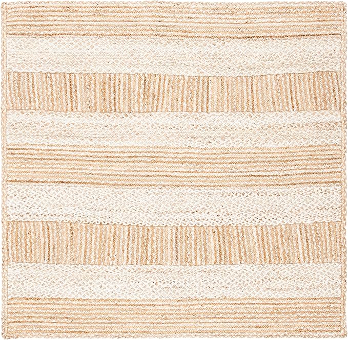 SAFAVIEH Natural Fiber Collection Area Rug - 6' Square, Natural & Ivory, Handmade Stripe Jute, Ideal for High Traffic Areas in Living Room, Bedroom (NF887A)