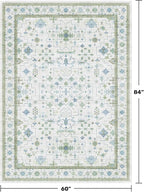 Oushak Area Rug for Bedroom 5x7 - Blue and Green Vintage Boho Floral Geometric, Washable Low Pile Non Slip Area Rugs for Nursery Room, Foyer, Cozy Aesthetic Room Decor